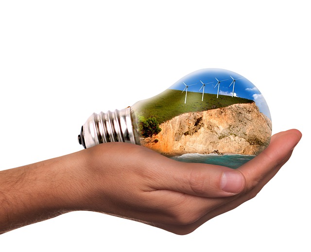 Una mano mantiene una lampadina che mostra la terra Generazione transizione energetica