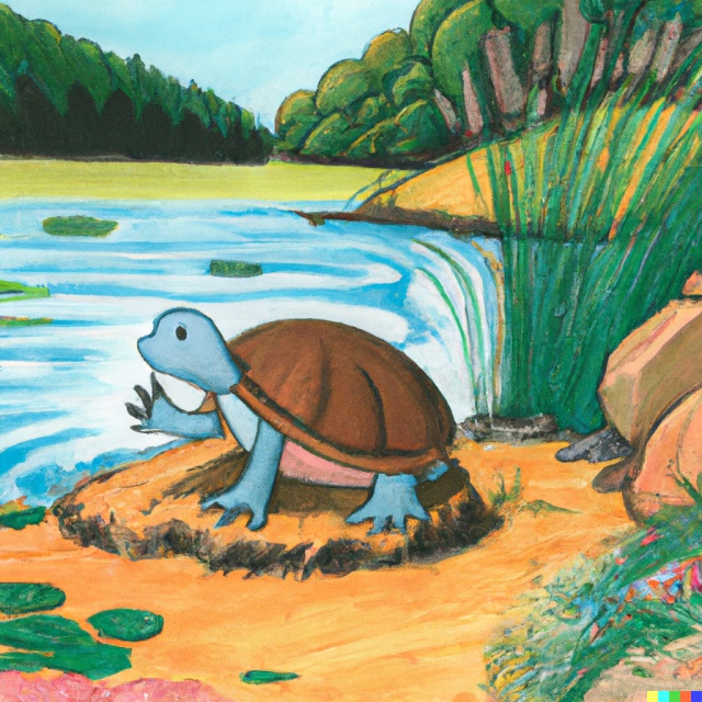 Una tartaruga vicino al suo lago Tommy tartaruga esplora bosco