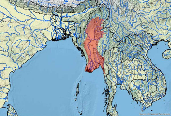 Luogo geografico della Burmese roofed turtle Batagur trivittata, habitat storico geografico
