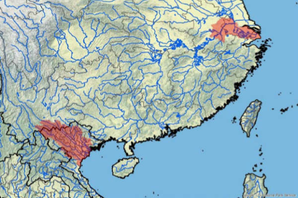 Distribuzione geografica tartaruga guscio molle gigante Mappa distribuzione Rafetus Swinhoei